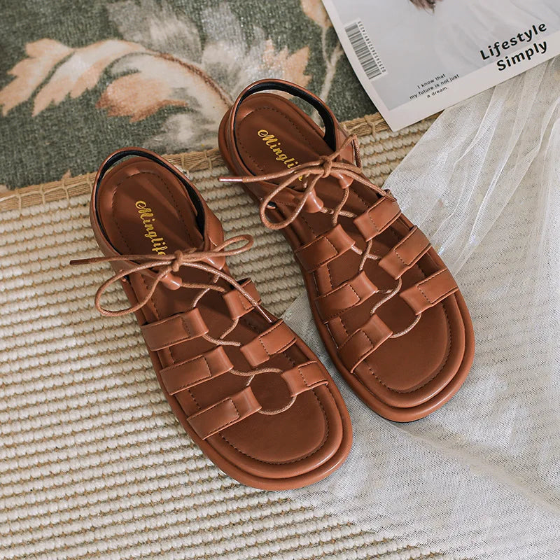 2023 summer women's outerwear sandals roman style shoes Ladies' casual flats fashion tie design walking and work wear 41-43