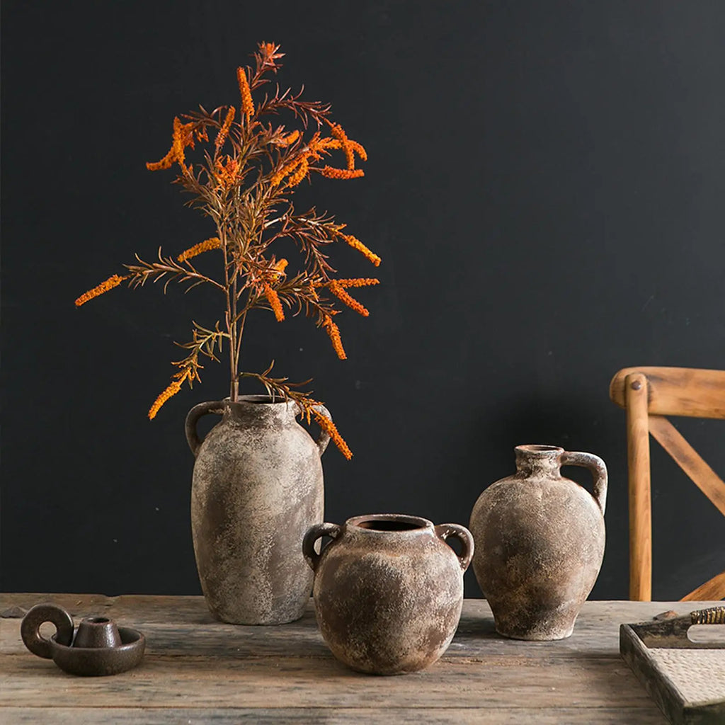 Ceramic Vase Retro Wabi Sabi Pottery Handmade Distressed Flower Vase Plant Container for Entryway Dining Room Bookshelf Rustic