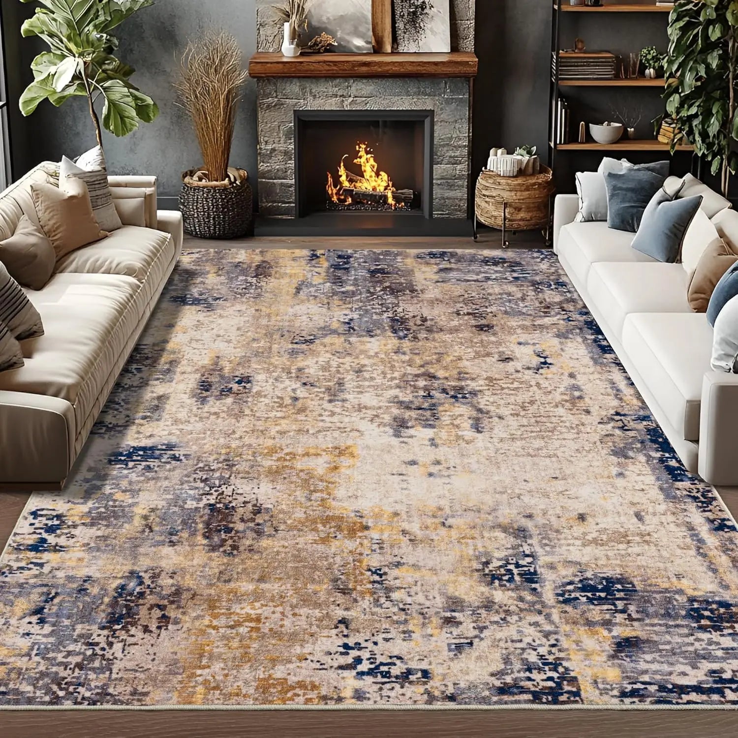 Living Room Area Rugs Soft Large Modern Abstract Area Rug,  Boho Vintage Machine Washable Non Slip Carpet , Low Pile Rugs