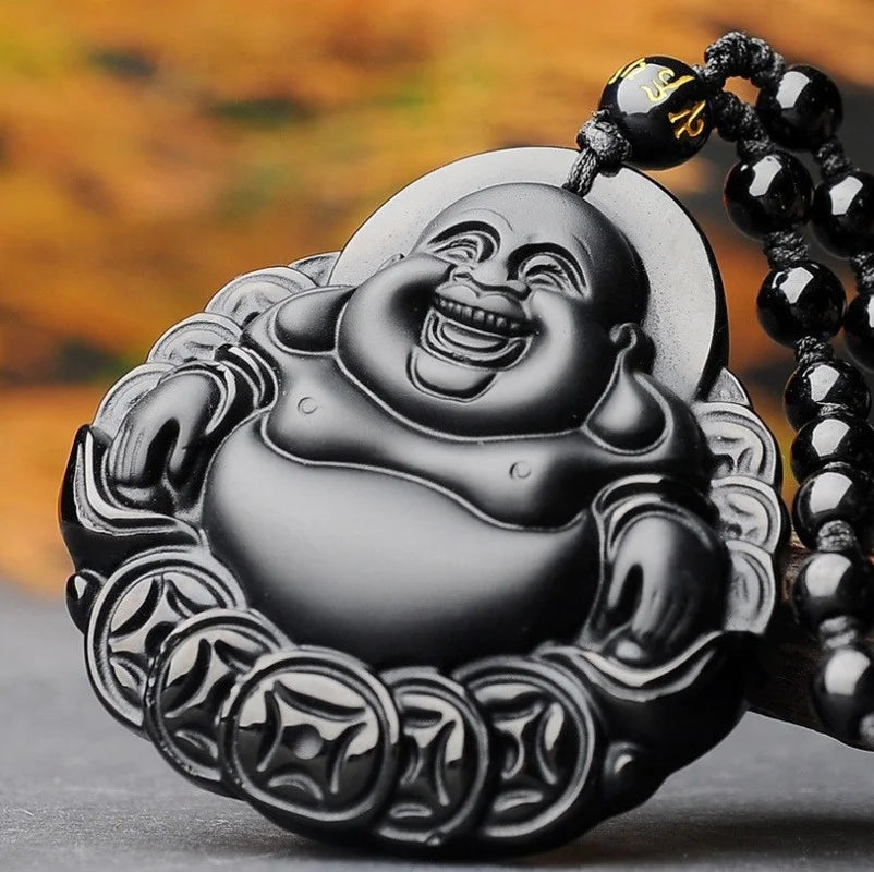Natural Black Obsidian Money Buddha Pendant Necklace Chinese Hand Carved  Accessories Amulet for Men Women Fashion Jewelry