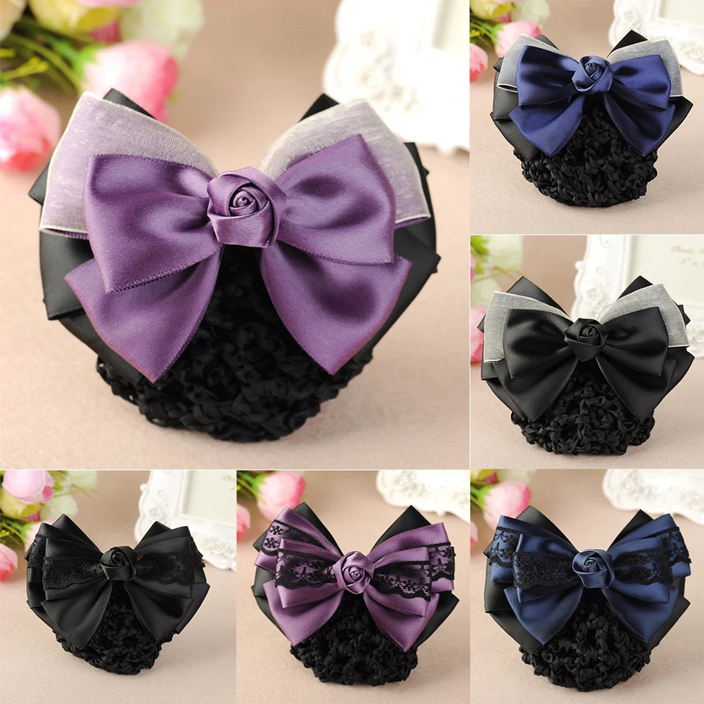 New Floral Lace Satin Bow Hair Net Barrette Bank Staff Flight Attendant Nurses Satin Hair Clip Net Snood Women Hair Accessories