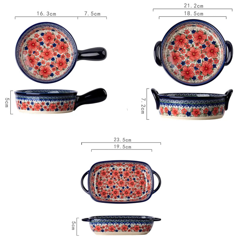 New Ceramic Bowls Polish Style Bakeware Baking Binaural Bowl With Handle  Tableware Salad Dessert Steak Pasta Plate