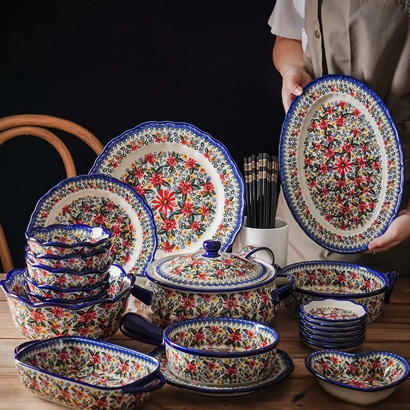 New Ceramic Bowls Polish Style Bakeware Baking Binaural Bowl With Handle  Tableware Salad Dessert Steak Pasta Plate