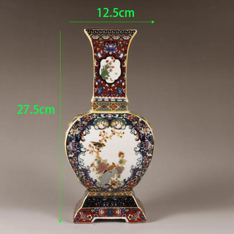 Chinese Ancient Enamel Color Flower Bird Ceramic Vase Collection Decoration Art Home Desk Retro Ornament Antique Porcelain Items