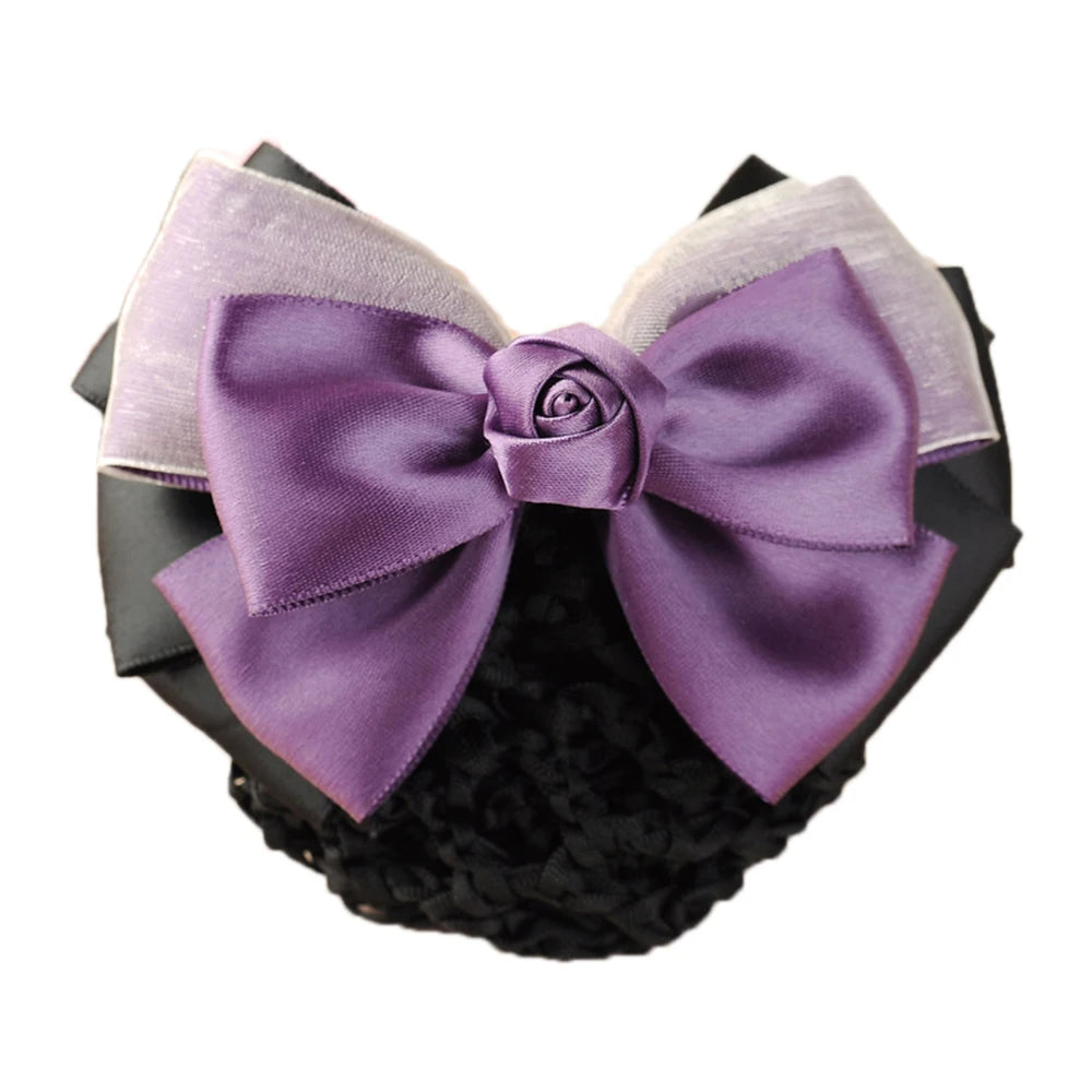 New Floral Lace Satin Bow Hair Net Barrette Bank Staff Flight Attendant Nurses Satin Hair Clip Net Snood Women Hair Accessories