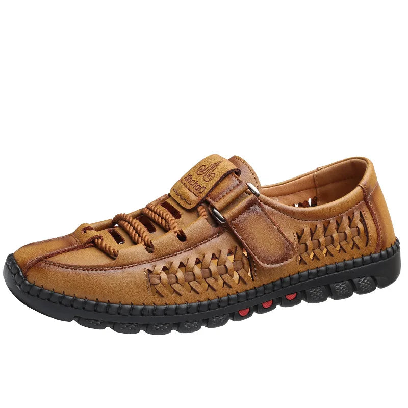 Men's Leather Sandals Hollow Platform Sandals 2021 Handmade Soft Sole Soft Top Male Shoes Non-slip Man Footwear Zapatos Hombre