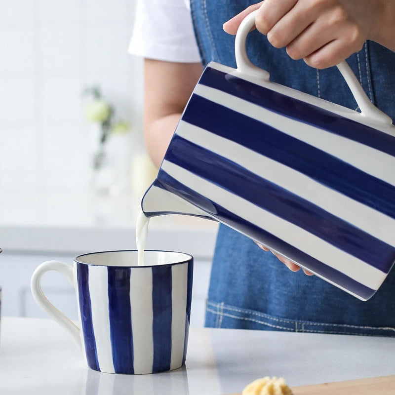 1.5L Blue Ceramic Water Jug Milk Tea Juice Bottle Household Kitchen Water Pot Kettle Mug Microwave Supply Water Jar