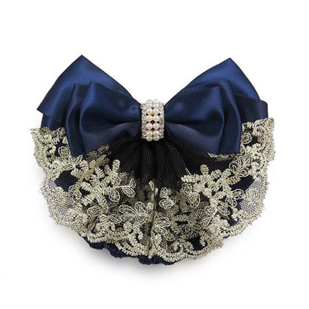 New Floral Lace Satin Bow Hair Net Barrette Bank Staff Flight Attendant Nurses Satin Hair Clip Net Snood Women Hair Accessories
