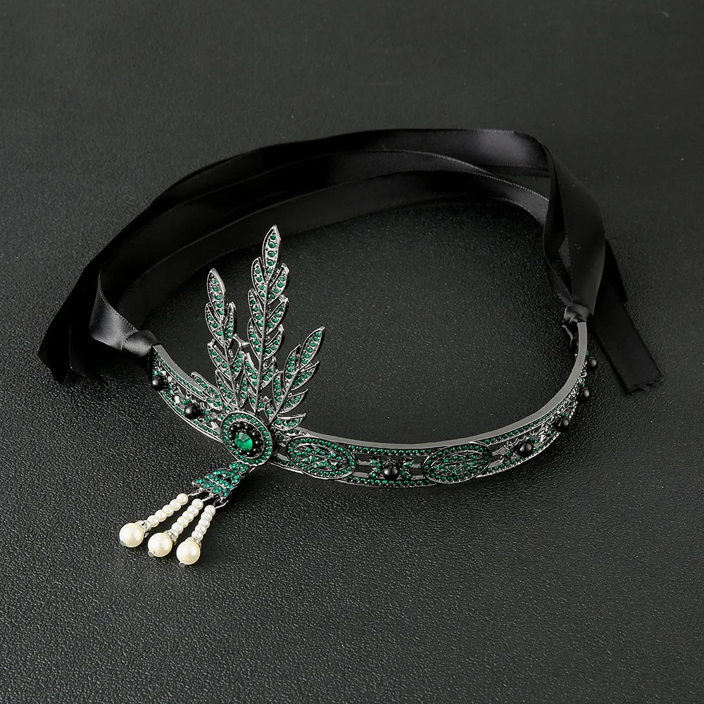 Art Deco Women 1920s Vintage Bridal Headpiece Costume Hair Accessories Flapper Great Gatsby Leaf Medallion Pearl Headband