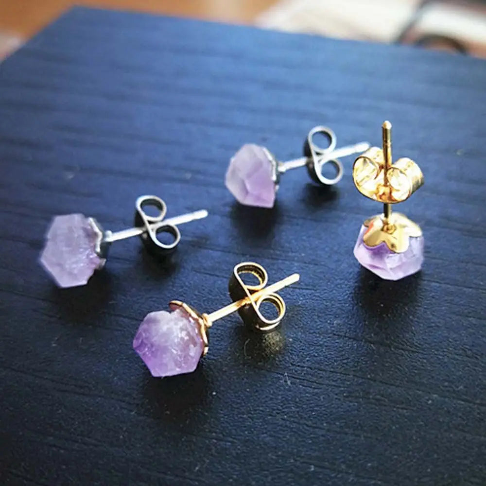 Natural Amethyst Rough Stone Earrings Simple Fashionable Women Purple Crystal Earrings Jewelry