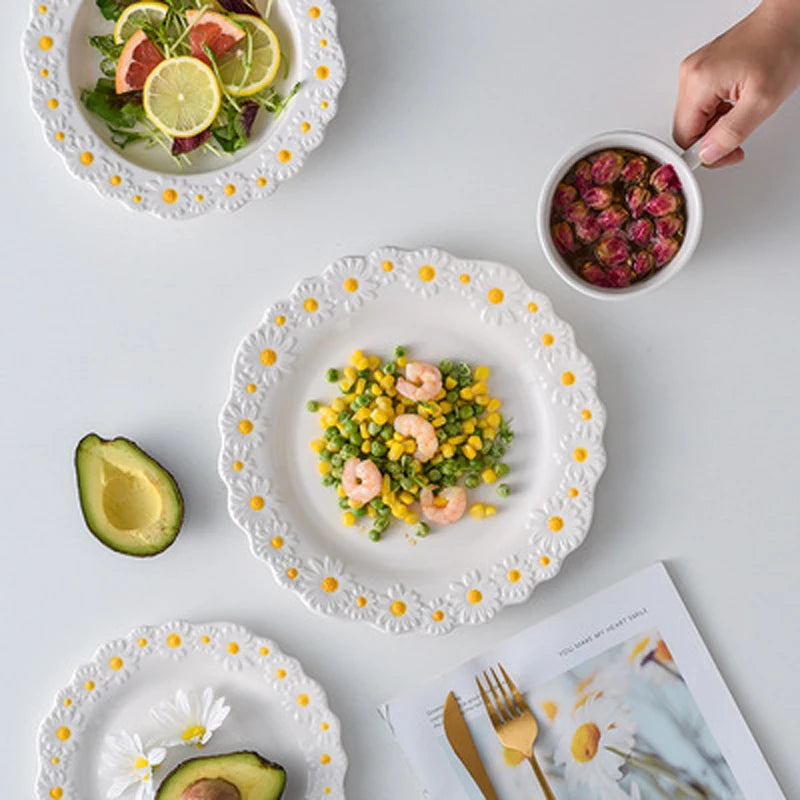 Ceramic Daisy Embossed Creative Dishes, Household Vegetable Rice Soup Bowl Dinner Plate Ceramic Set Combination Tableware