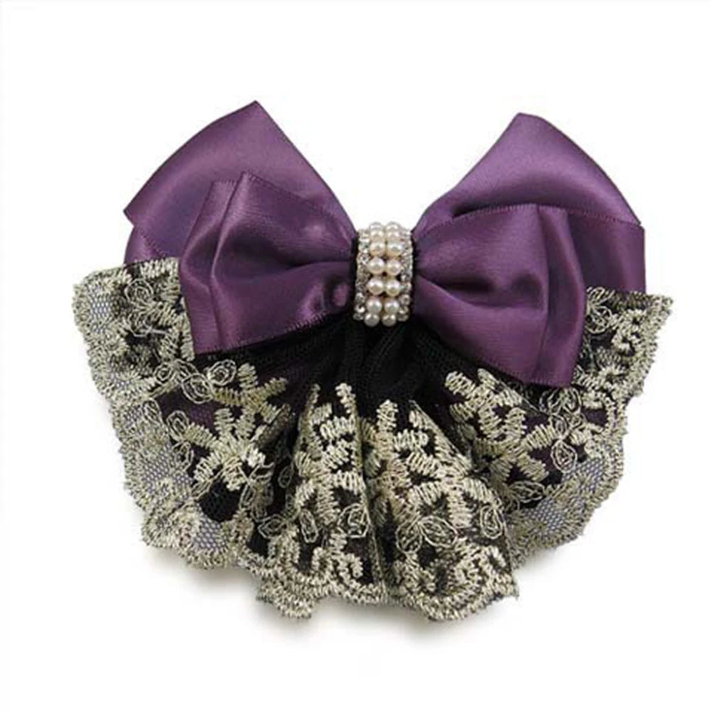 New Floral Lace Satin Bow Hair Net Barrette Bank Staff Flight Attendant Nurses Satin Hair Clip Net Snood Women Hair Accessories