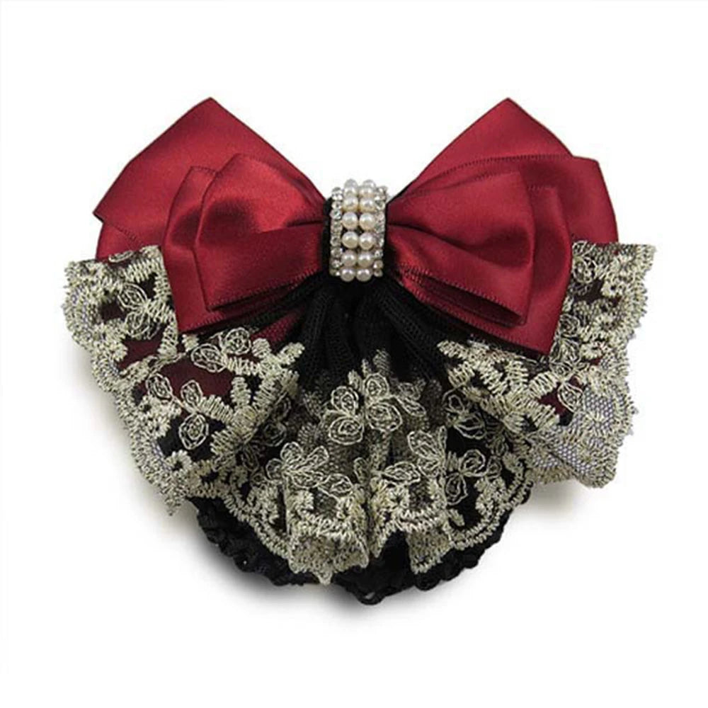 New Floral Lace Satin Bow Hair Net Barrette Bank Staff Flight Attendant Nurses Satin Hair Clip Net Snood Women Hair Accessories