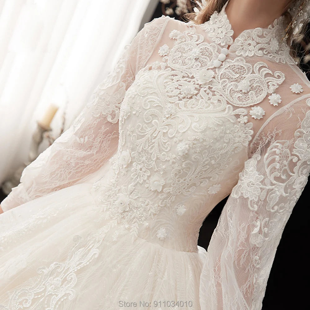 Stunning Shinny Wedding Dress Customized High Collar Covered Button Long Sleeves Ball Bridal Gowns Real Work Vestido Noiva