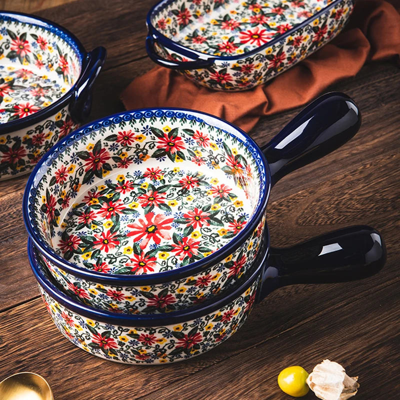 New Ceramic Bowls Polish Style Bakeware Baking Binaural Bowl With Handle  Tableware Salad Dessert Steak Pasta Plate