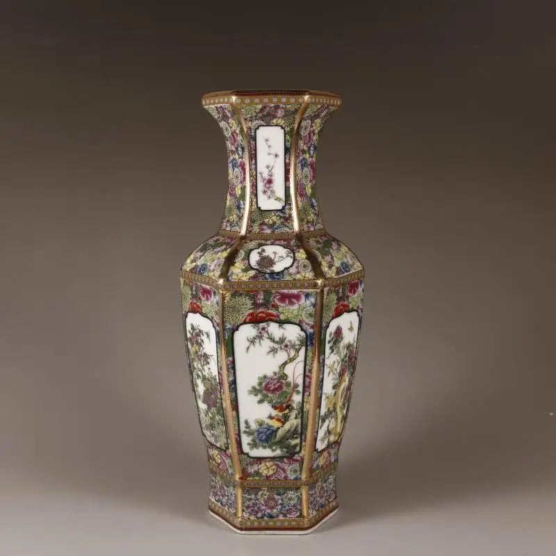 Chinese Ancient Enamel Color Flower Bird Ceramic Vase Collection Decoration Art Home Desk Retro Ornament Antique Porcelain Items