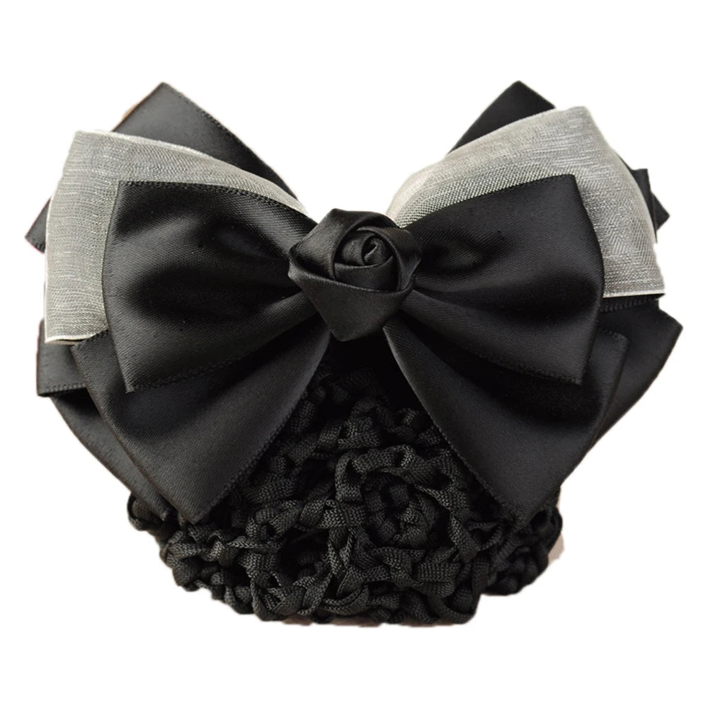 New Floral Lace Satin Bow Hair Net Barrette Bank Staff Flight Attendant Nurses Satin Hair Clip Net Snood Women Hair Accessories