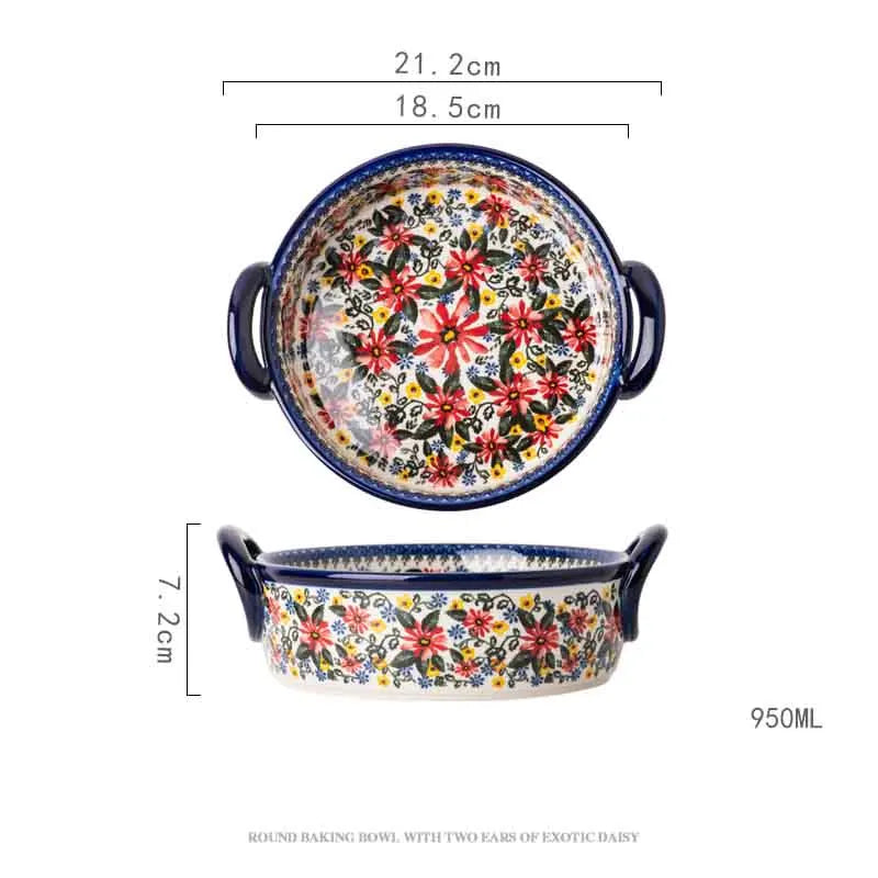 New Ceramic Bowls Polish Style Bakeware Baking Binaural Bowl With Handle  Tableware Salad Dessert Steak Pasta Plate