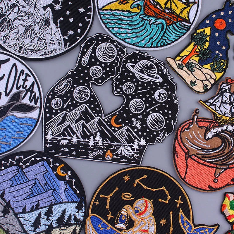 Space Adventure Patch On Clothes Embroidered Patches For Clothing Stickers Mountain Natural Appliques Waves Badge For Jacket DIY