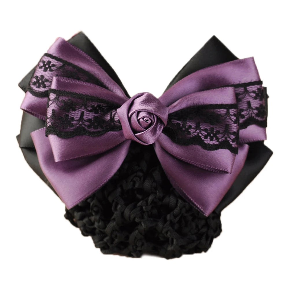 New Floral Lace Satin Bow Hair Net Barrette Bank Staff Flight Attendant Nurses Satin Hair Clip Net Snood Women Hair Accessories