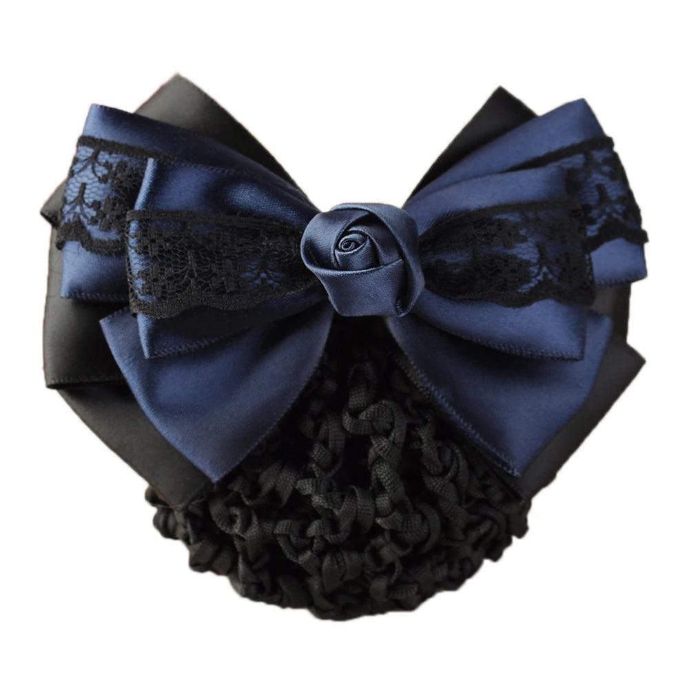 New Floral Lace Satin Bow Hair Net Barrette Bank Staff Flight Attendant Nurses Satin Hair Clip Net Snood Women Hair Accessories