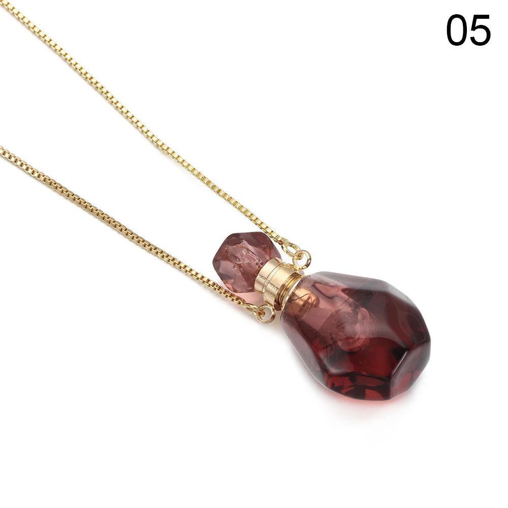 Natural Stone Perfume Bottle Necklace Amethysts Quartz Water Drop Pendant Necklace Crystal Essential Oil Diffuser Vial Jewelry