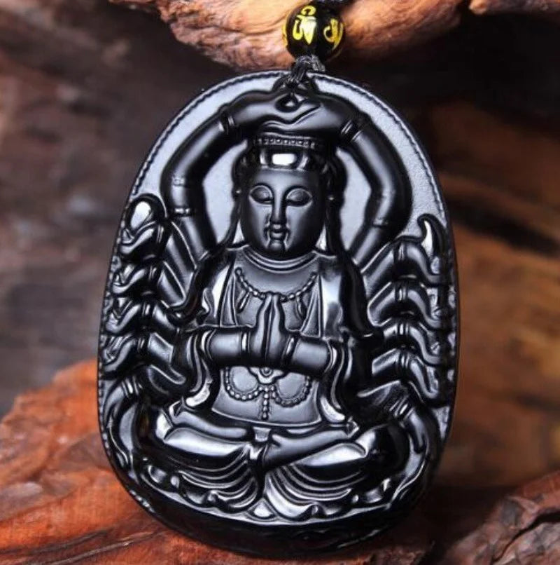 Natural Black Obsidian Money Buddha Pendant Necklace Chinese Hand Carved  Accessories Amulet for Men Women Fashion Jewelry