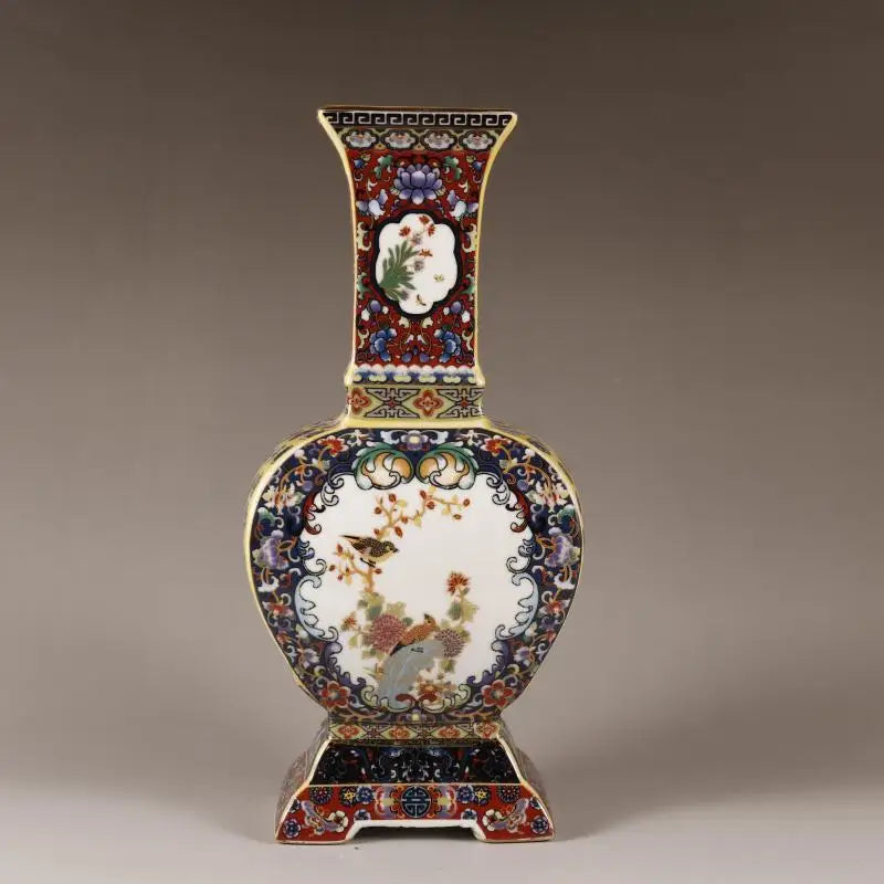 Chinese Ancient Enamel Color Flower Bird Ceramic Vase Collection Decoration Art Home Desk Retro Ornament Antique Porcelain Items