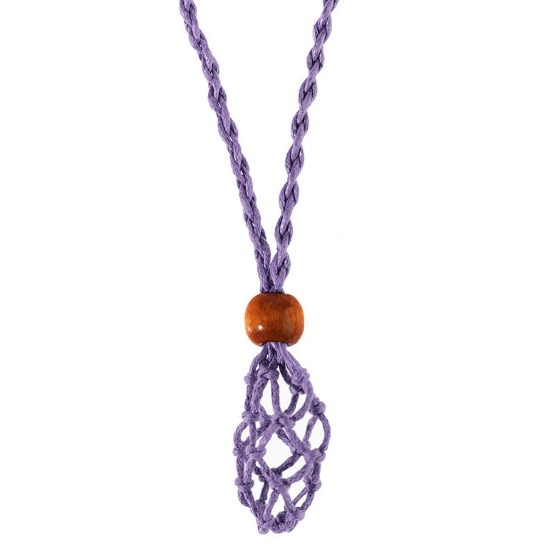 Retro Woven Natural Stone Pendant Necklace Net Pocket Hollow Handmade Jewelry Men and Women the Same Style Without Gems