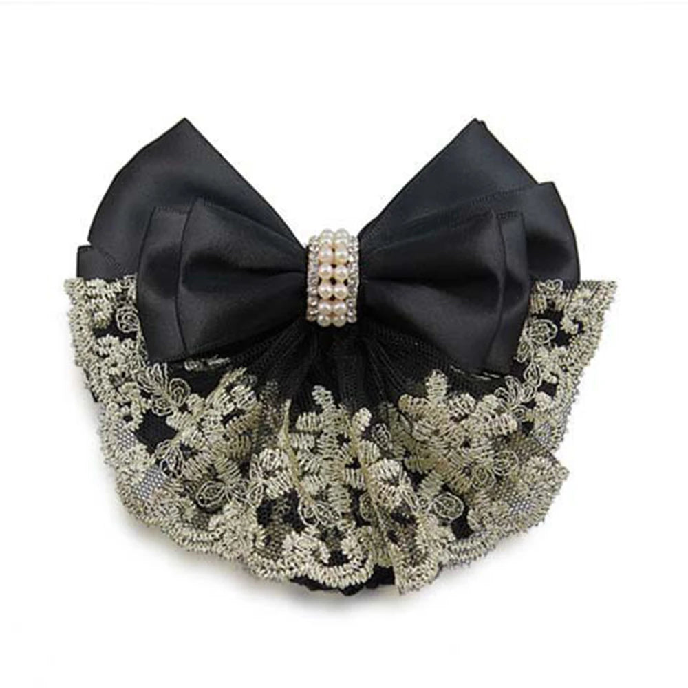 New Floral Lace Satin Bow Hair Net Barrette Bank Staff Flight Attendant Nurses Satin Hair Clip Net Snood Women Hair Accessories