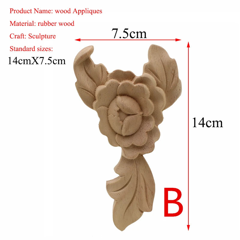 VZLX New Flower Wood Carving Natural Wood Appliques for Furniture Cabinet Unpainted Wooden Mouldings Decal Decorative Figurine