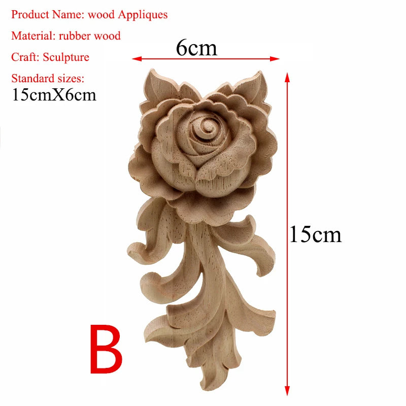 VZLX New Flower Wood Carving Natural Wood Appliques for Furniture Cabinet Unpainted Wooden Mouldings Decal Decorative Figurine