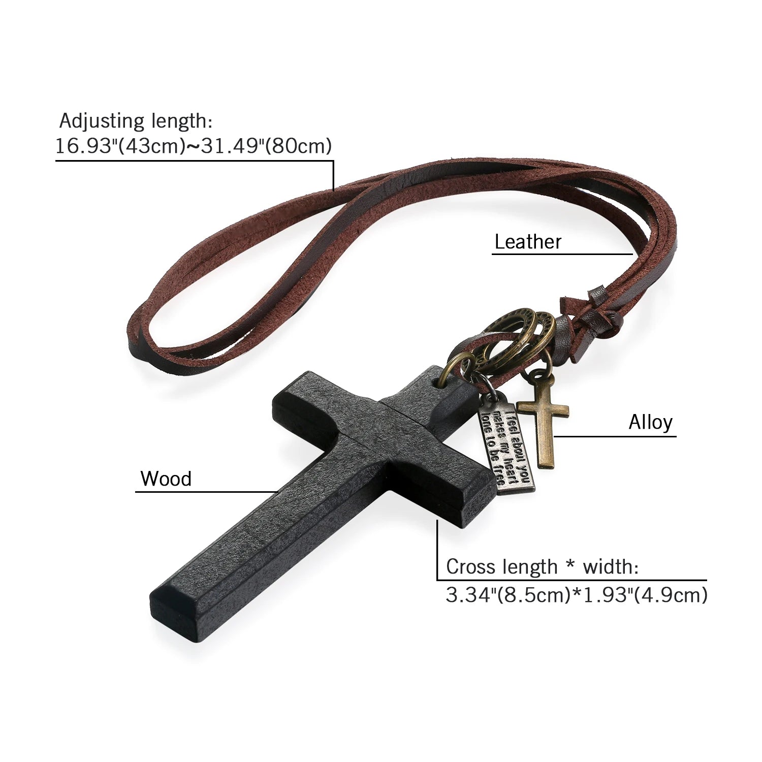 BONISKISS Vintage Wood Cross Crucifix Necklaces for Men Women Adjustable Rope Cord Sweater Chain Religious Prayer Unisex Jewelry