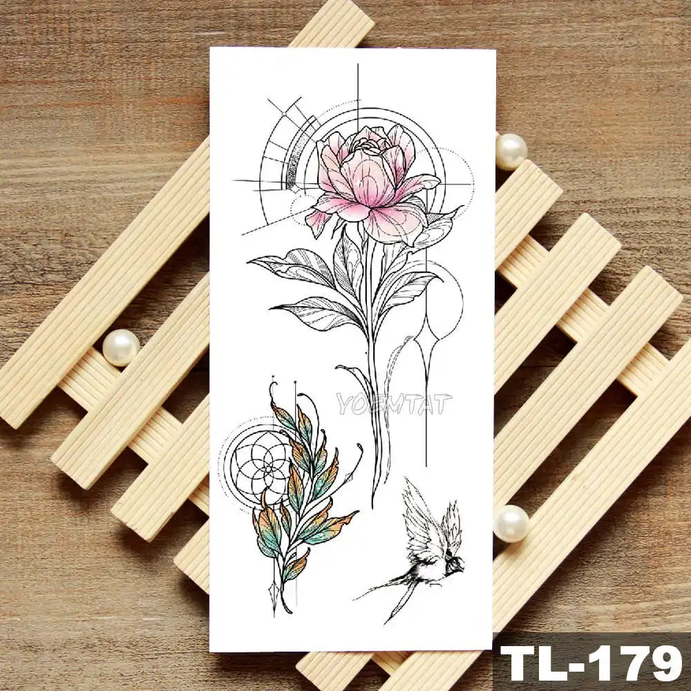 Lotus Peony Rose Flowers Waterproof Temporary Tattoo Sticker Minimalist Flash Tattoos Body Art Fake Arm tatoo Women