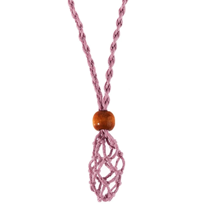Retro Woven Natural Stone Pendant Necklace Net Pocket Hollow Handmade Jewelry Men and Women the Same Style Without Gems