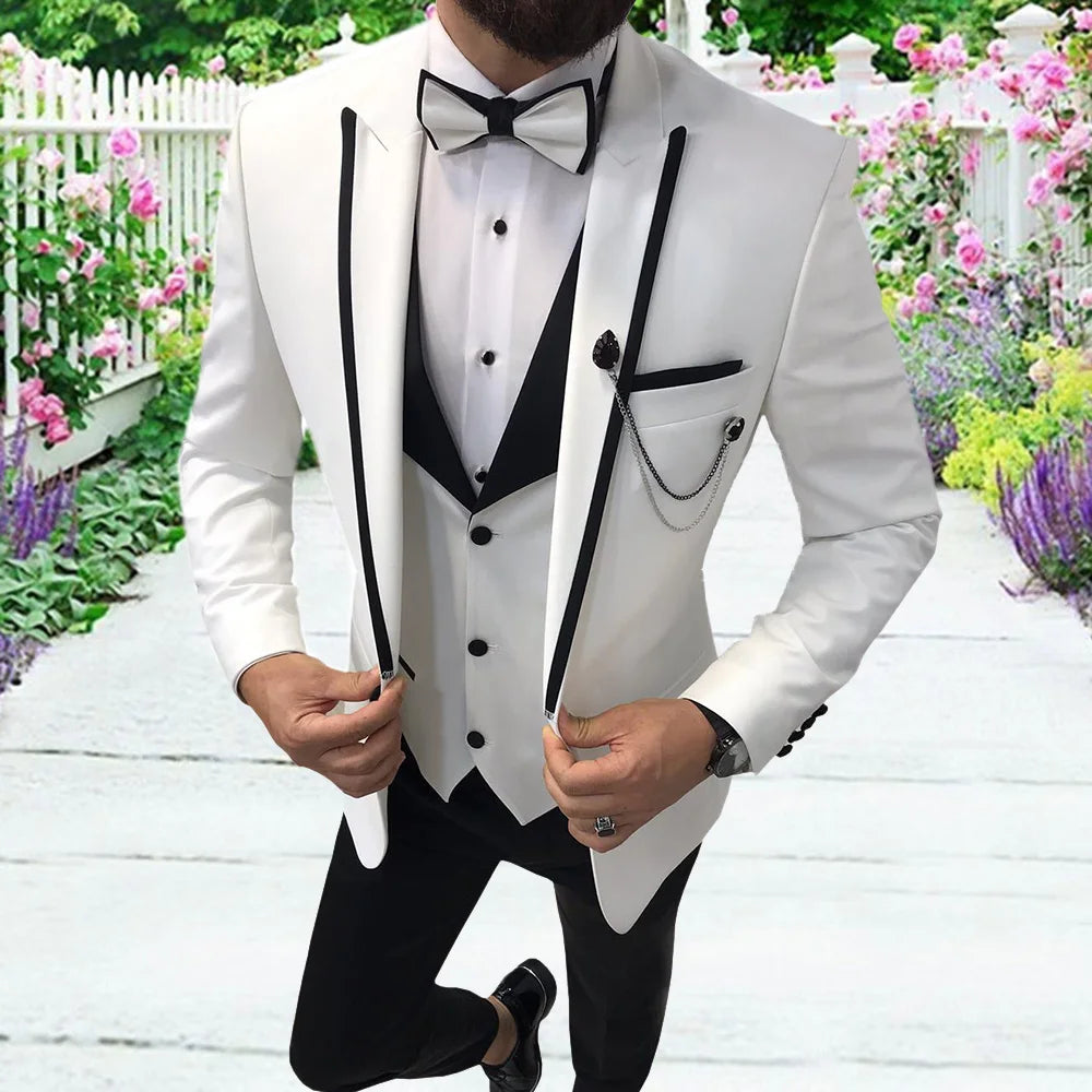 Thorndike 2023 New Male Wedding Prom Suit White Slim Fit Tuxedo Men Formal Business Work Wear Suits 3Pcs Set (Jacket+Pants+Vest)