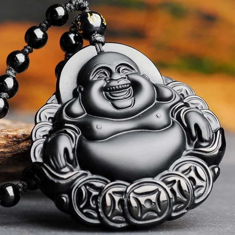 Natural Black Obsidian Money Buddha Pendant Necklace Chinese Hand Carved  Accessories Amulet for Men Women Fashion Jewelry