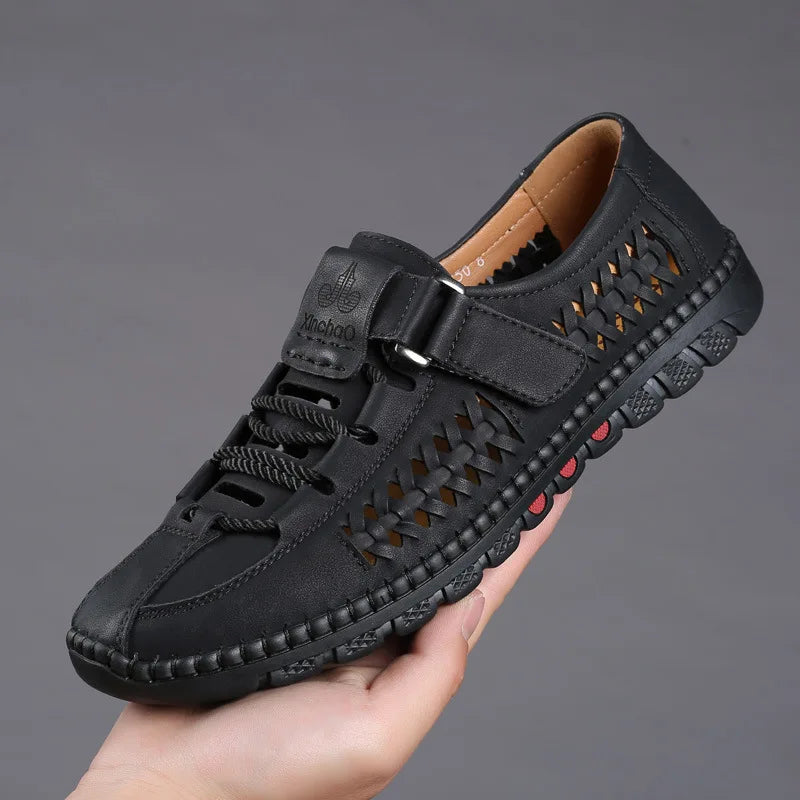 Men's Leather Sandals Hollow Platform Sandals 2021 Handmade Soft Sole Soft Top Male Shoes Non-slip Man Footwear Zapatos Hombre