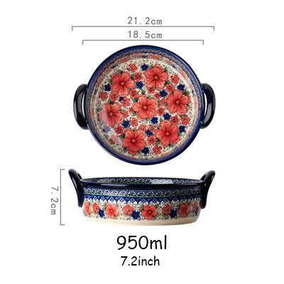 New Ceramic Bowls Polish Style Bakeware Baking Binaural Bowl With Handle  Tableware Salad Dessert Steak Pasta Plate