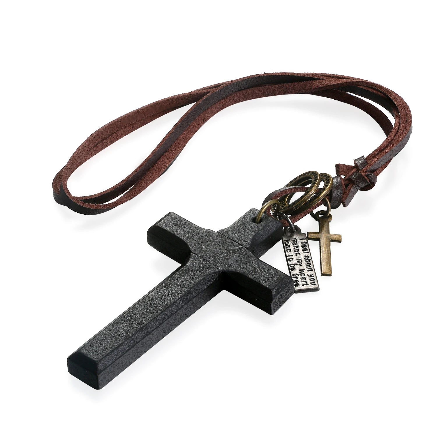 BONISKISS Vintage Wood Cross Crucifix Necklaces for Men Women Adjustable Rope Cord Sweater Chain Religious Prayer Unisex Jewelry