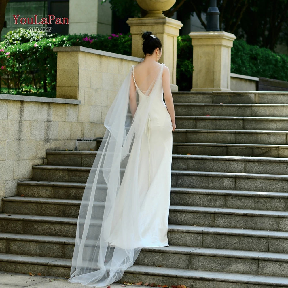 YouLaPan G33 Wedding Cape Bridal Shaw Plain Bridal Shawl Simple Church  Wedding Tail Long Soft Yarn Cloak DIY Shrug