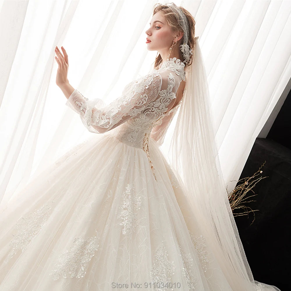 Stunning Shinny Wedding Dress Customized High Collar Covered Button Long Sleeves Ball Bridal Gowns Real Work Vestido Noiva