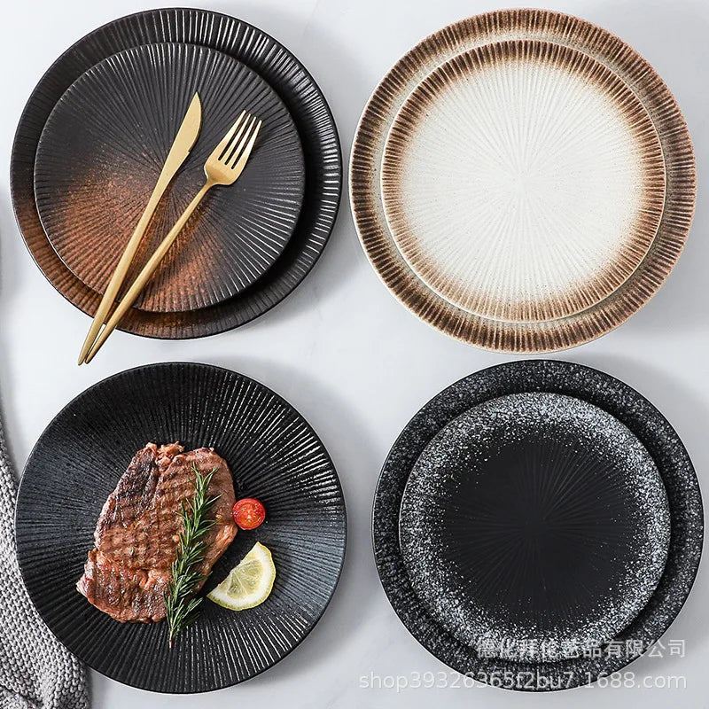 Japanese ceramic striped plate creative steak plate spaghetti plate retro sushi plate restaurant commercial plate