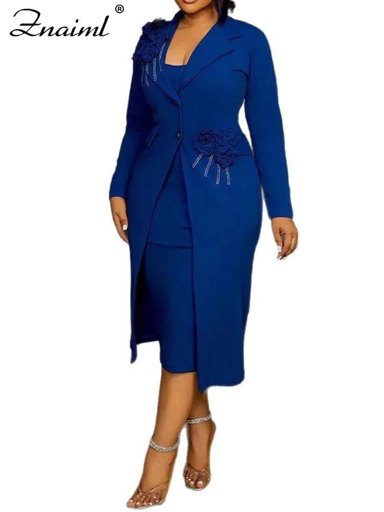 Znaiml Fashion Work Business Woman Flower Pearl Diamonds Long Blazer and Strap Dress 2 Pieces Sets Office Lady African Outfits
