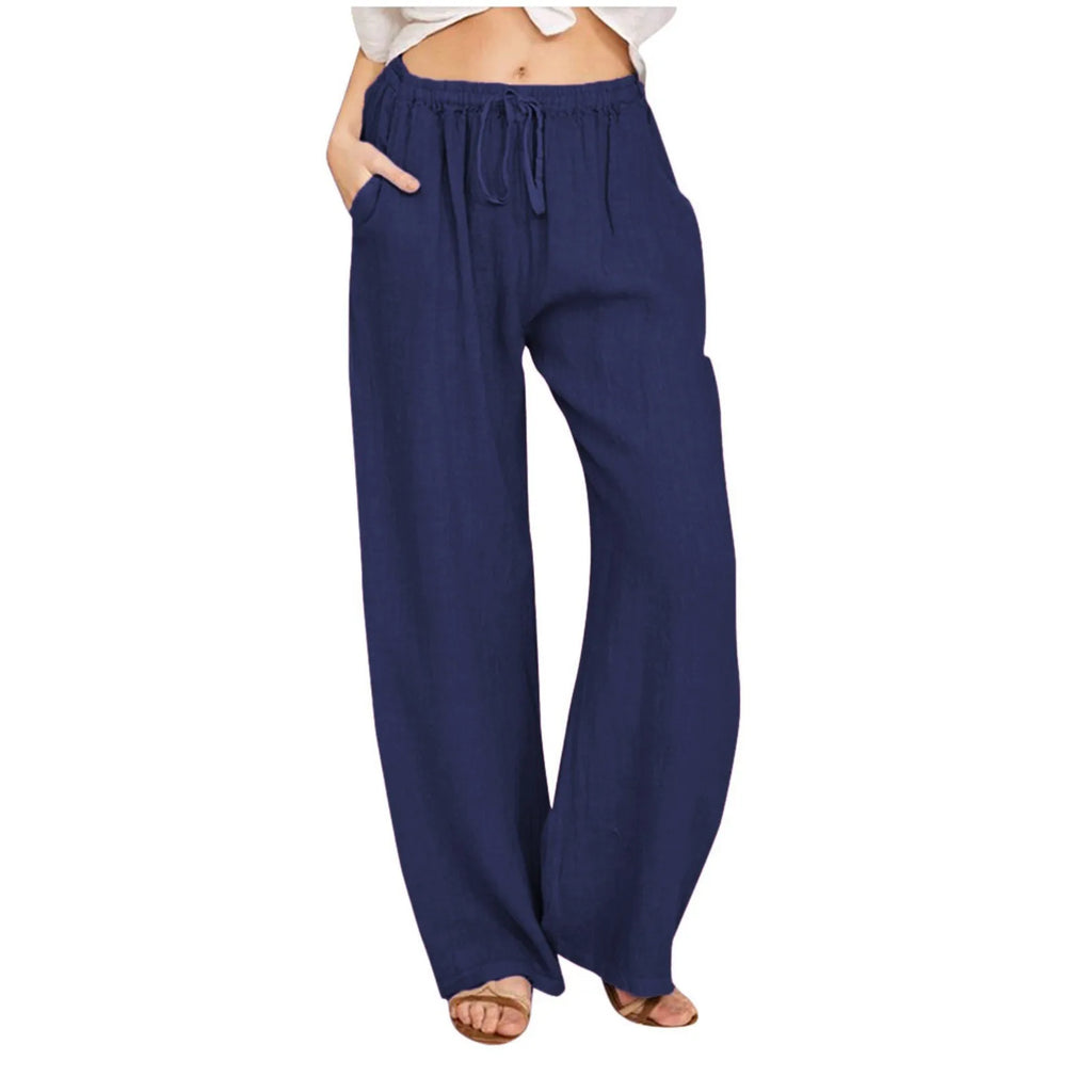 2024 Spring Summer Linen Cotton Wide Legged Pants for Women High Waist Solid Color Crop Pants Elastic Waist Casual Loose Pants