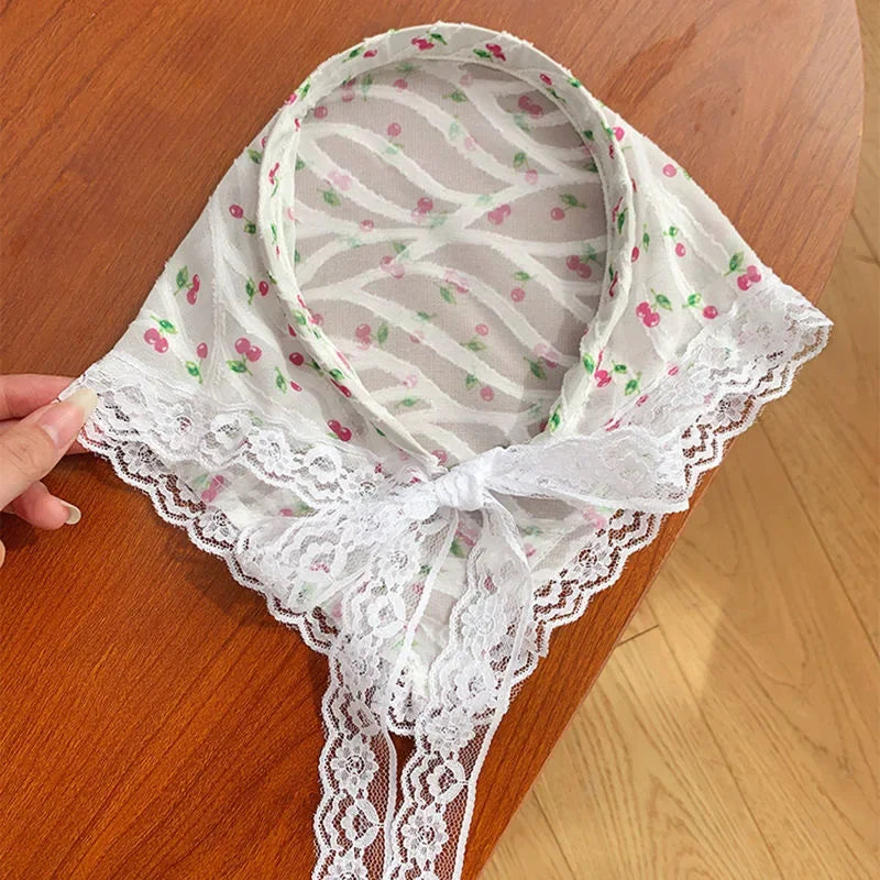 Red Woven Plaid Lace Hair Scarf Wraps Women Retro Triangle Headscarf Hat Travel Photo Headband Girl Hair Accessories