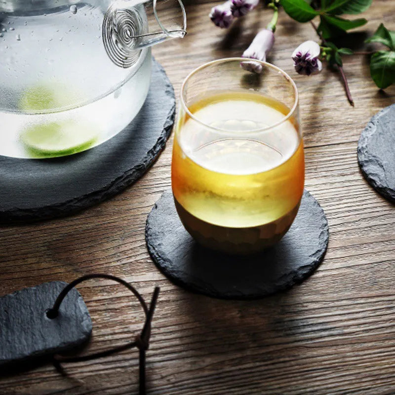 Round Natural Black Stone Slate Plate Serving Plate Cheese Pizza Dessert Cake Plate Western Steak Plates Cup Mug Rock Coaster