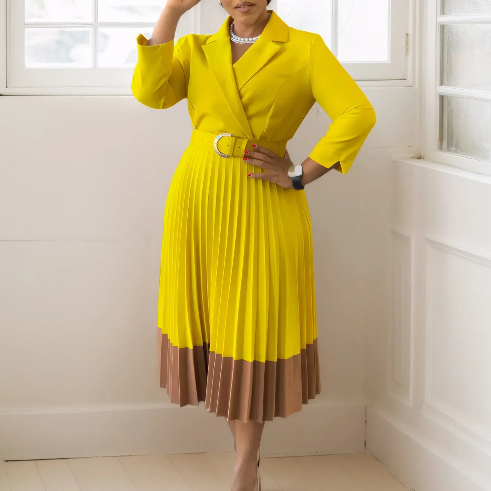 A-line Pleated Blazer Dresses for Women High Waisted Party Suit V-neck Long Sleeved Elegant African Modest African Work Wear New