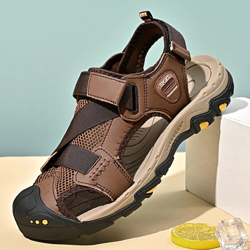 Men's Leather Sandals Durable Non-Slip for Hiking Summer Casual Outdoor Footwear Breathable Mesh Lining Sport Beach Shoes Males