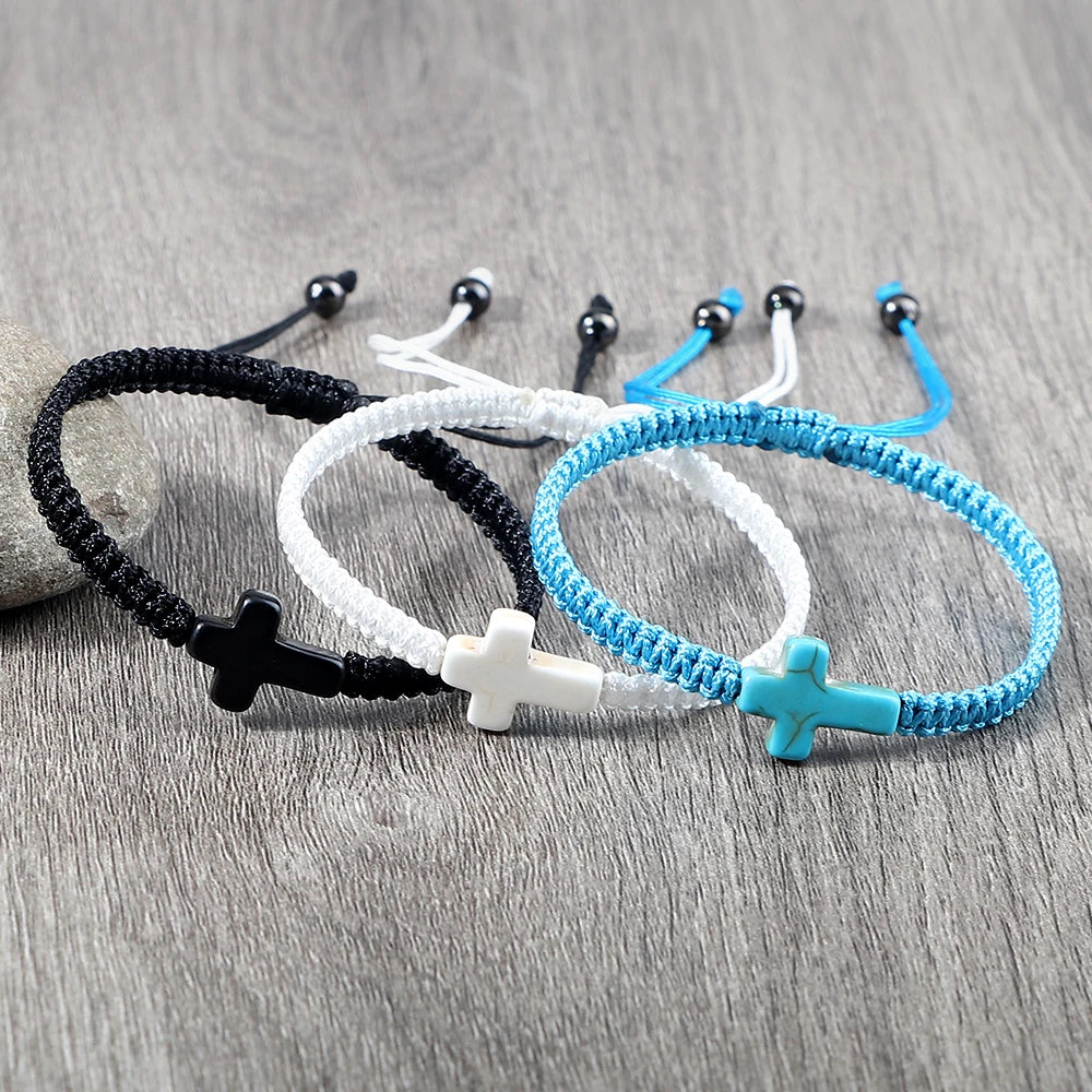 Simple Cross Prayer Bracelets Handmade Black White Braided Rope Couple Bracelets Men Women Fitness Wrap Wristbands Jewelry Gifts